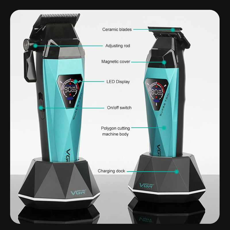 VGR hair trimmer with labeled parts on a white background