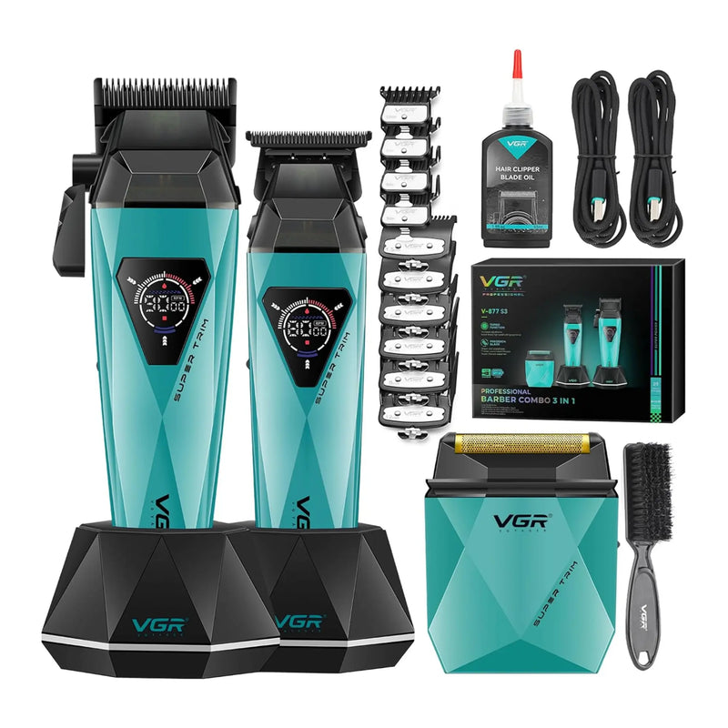 VGR grooming kit with hair clippers, shaver, and accessories on a white background