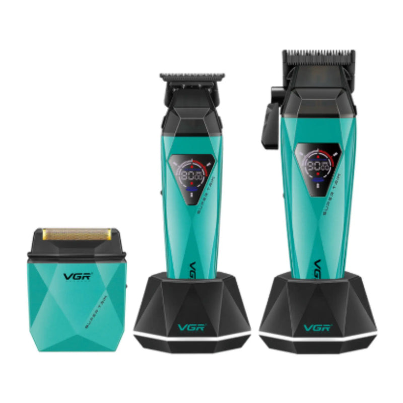 Two teal grooming devices with black accents on a white background, featuring the brand 'VGR'.