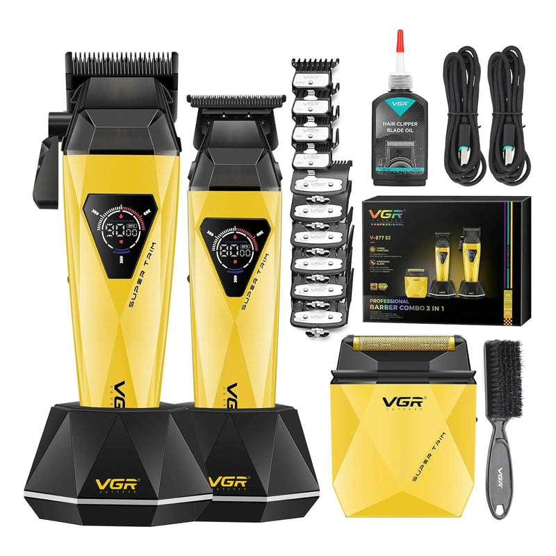 VGR grooming kit with yellow and black hair trimmer, shaver, and accessories on a white background.