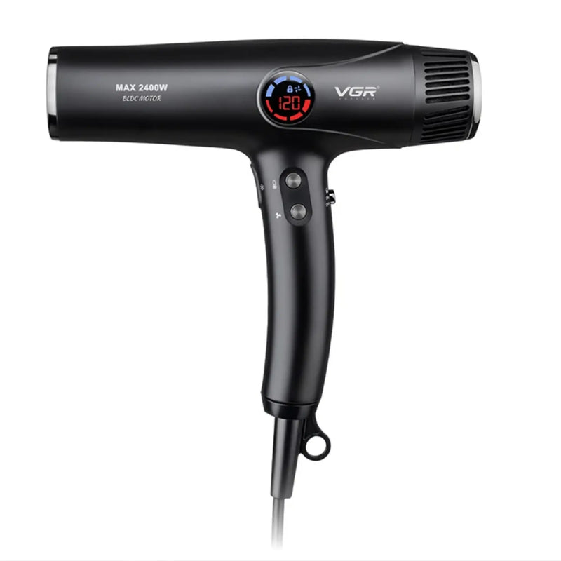 Black hair dryer with digital display on a white background