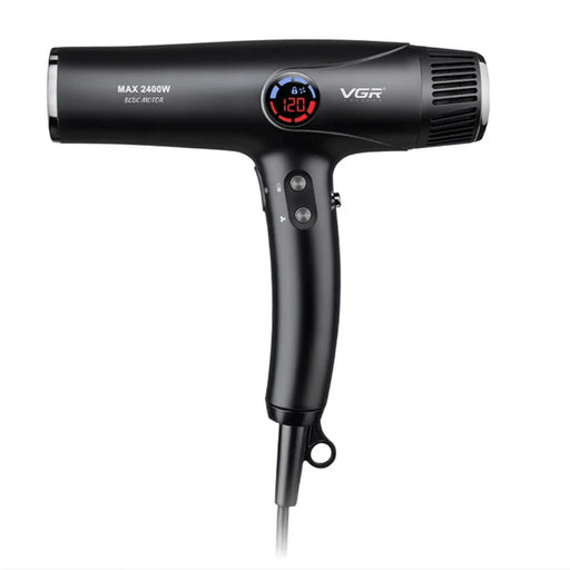 Black hair dryer with digital display on a white background