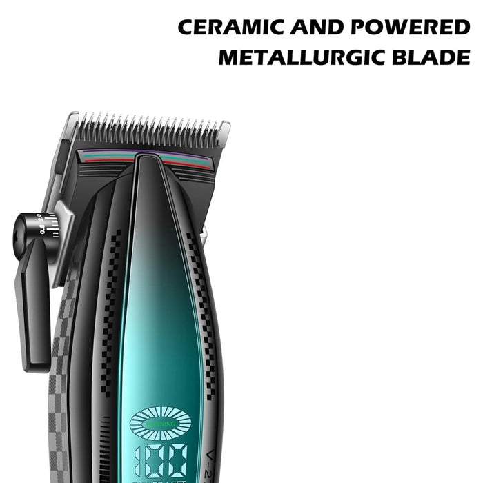 Hair trimmer with metallic blade on a white background