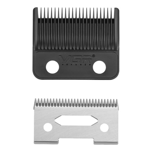 Two hair clipper blades, one black and one silver, on a white background.