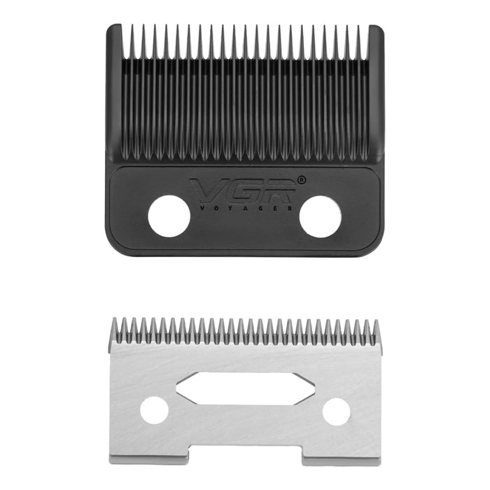 Two hair clipper blades, one black and one silver, on a white background.