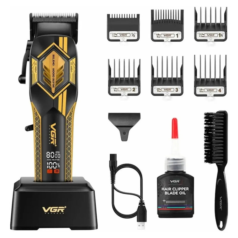 black and gold VGR hair clipper with LED display and accesories on a white background