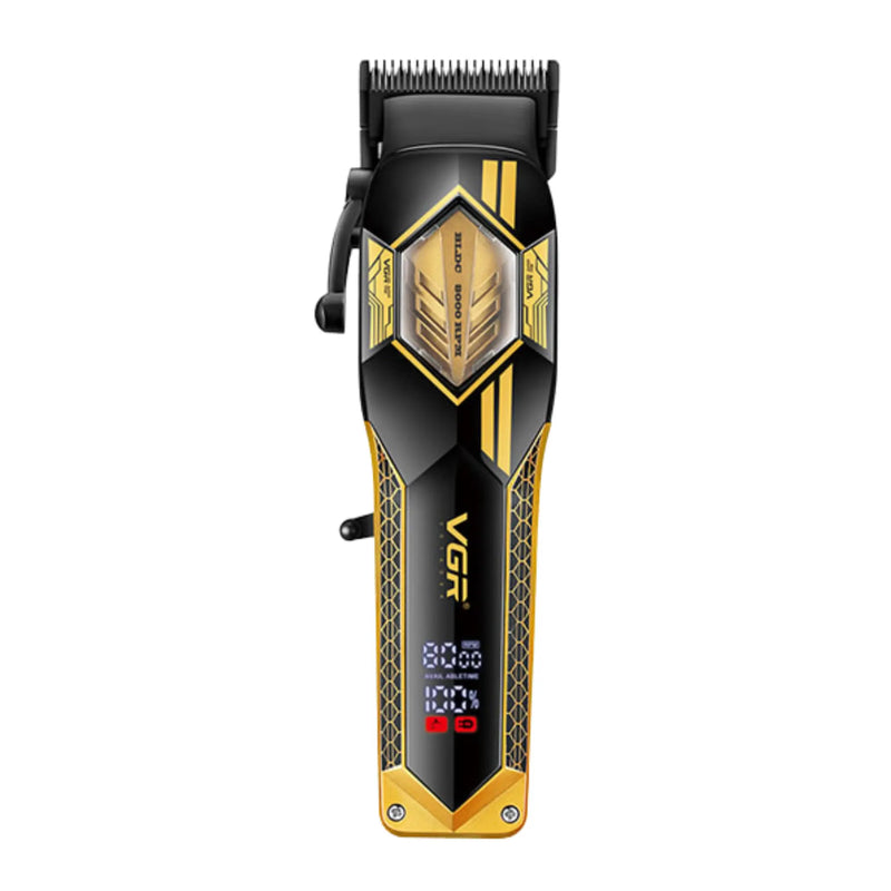 black and gold VGR hair clipper with LED display on a white background