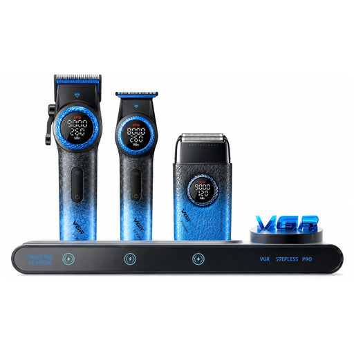 Set of VGR grooming tools. Hair clipper, trimmer and shaver on its base on a white background 