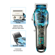 Blue VGR camouflage clipper with features highlighted on a white background