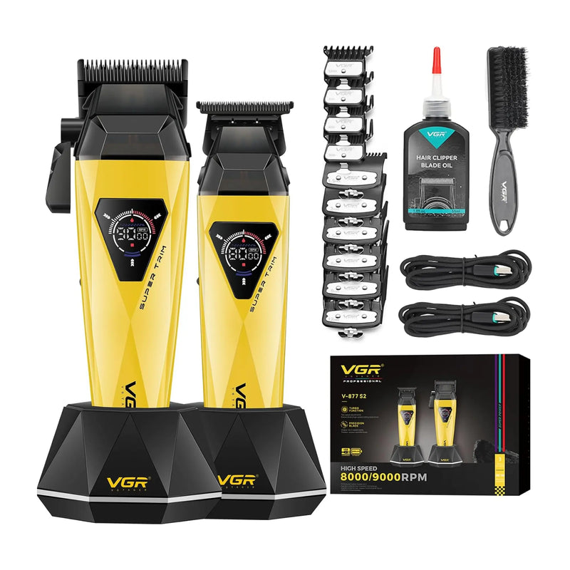 Yellow VGR hair clipper & trimmer set with accessories on a white background