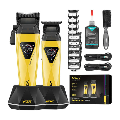Yellow VGR hair clipper & trimmer set with accessories on a white background