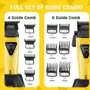 Hair trimmer set with guide combs on a yellow background