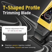 Hair trimmer with T-shaped profile trimming blade on a black background