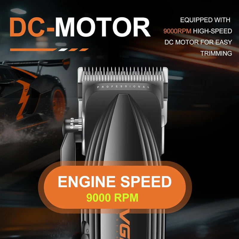 Hair trimmer with DC motor and high-speed feature, set against a blurred background of a car.