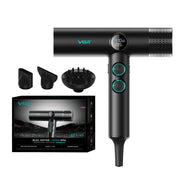 Black VGR hair dryer with 3 nozzles and packaging box on a white background
