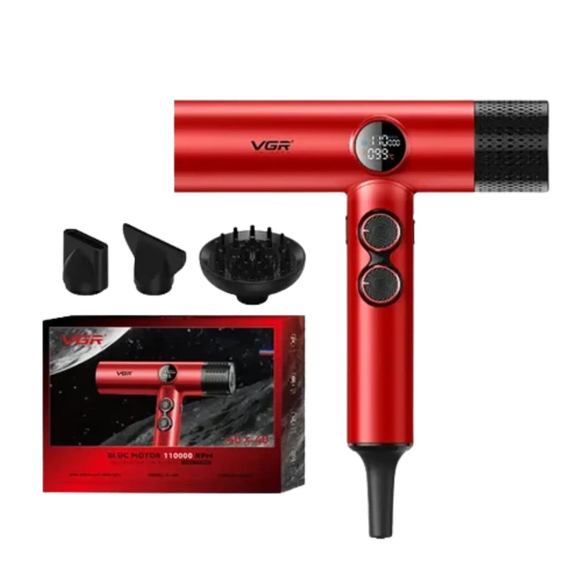 Red VGR hair dryer with 3 nozzles and packaging box on a white background