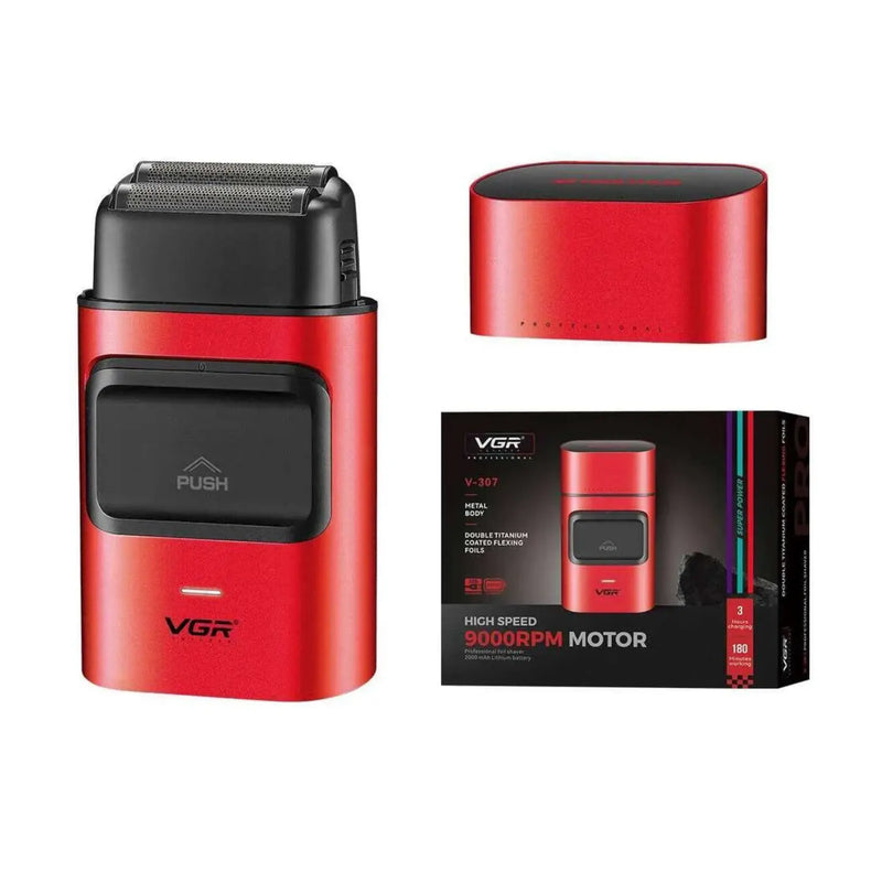 Red electric shaver with black accents and packaging on a white background