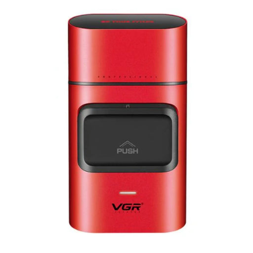 Red electronic device with black push button on a white background