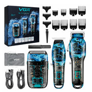 VGR hair trimmer set with packaging, attachments, and cables on a white background