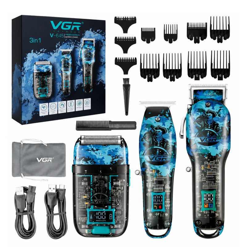 VGR hair trimmer set with packaging, attachments, and cables on a white background