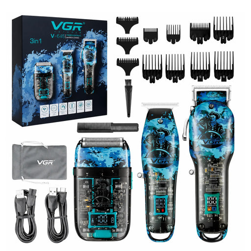 VGR hair trimmer set with packaging, attachments, and cables on a white background