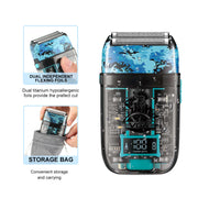 Blue VGR camouflage electric shaver with features highlighted on a white background