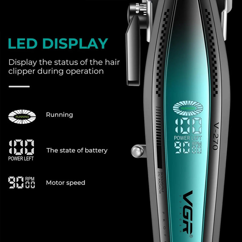 VGR clipper metal housing with LED display and motor speed on a black background