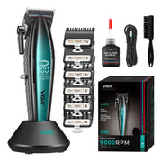 Black and green VGR hair clipper with cutting guides and accessories on a white background