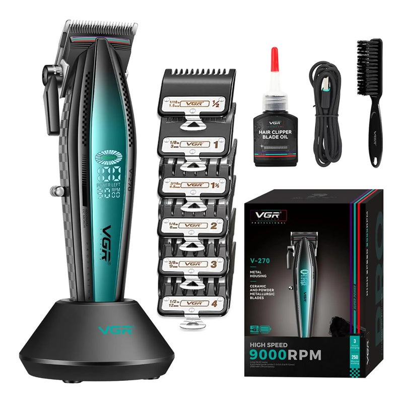 Black and green VGR hair clipper with cutting guides and accessories on a white background