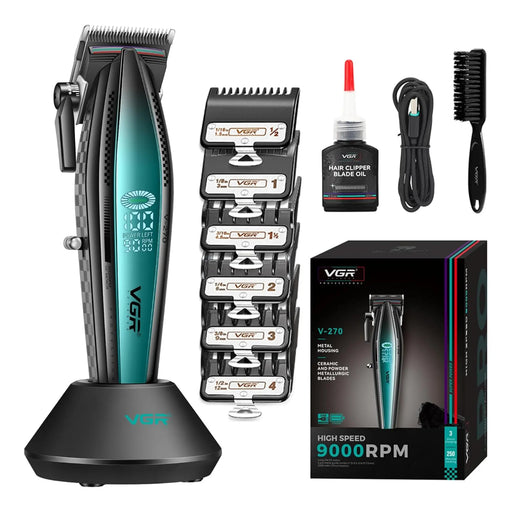 Black and green VGR hair clipper with cutting guides and accessories on a white background