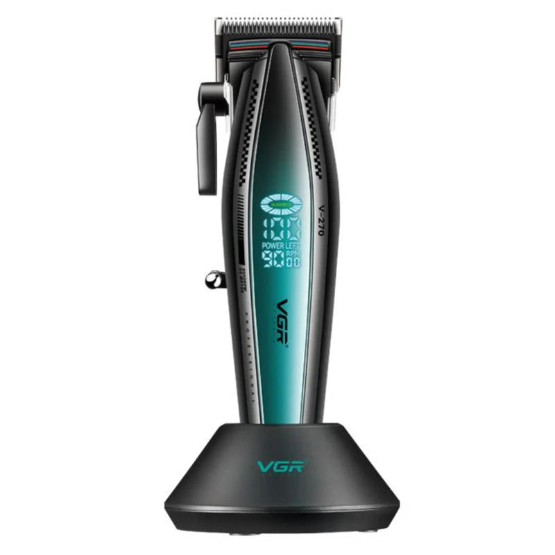 Black and green VGR hair clipper on its charging base on a white background