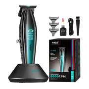Black and green vgr trimmer on charging base with accessories on a white background