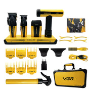 VGR yellow and black hair clipper, trimmer, shaver and hair dryer set with accessories and travel case on a white background