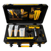 VGR Set of yellow and black hair clipper in its travel case consisting of hair clipper, trimmer, shaver, hair dryer and accessories on a white background