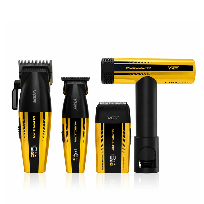 VGR Set of yellow and black hair clipper, trimmer, shaver and hair dryer on a white background