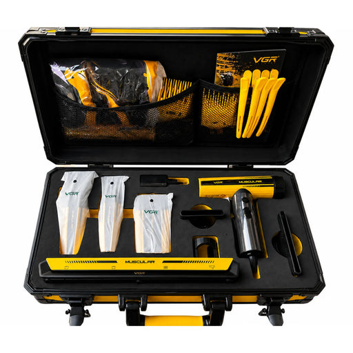 VGR Set of yellow and black hair clipper in its travel case consisting of hair clipper, trimmer, shaver, hair dryer and accessories on a white background