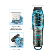 Blue VGR camouflage trimmer with features highlighted on a white background