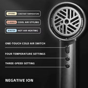 Hair dryer with features listed on a black background