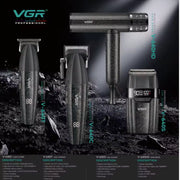 Set of VGR grooming products including razors and clippers on a dark background.