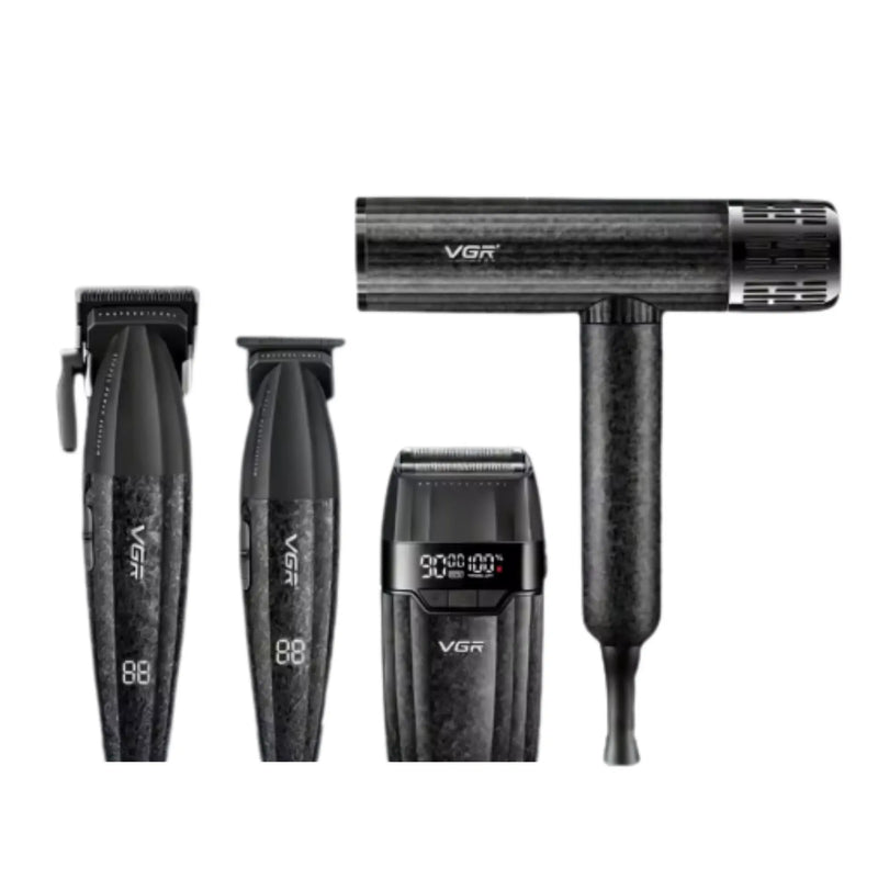 Set of black grooming tools with 'VGR' branding on a white background