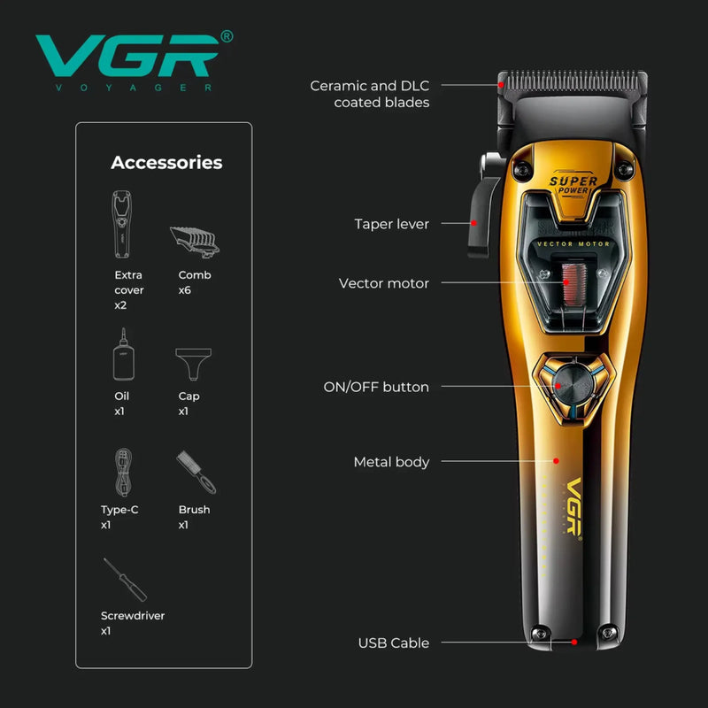 VGR hair clipper with specification text on a black background