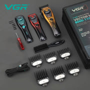 VGR hair clipper displayed on a black background with additional housings, accessories and travel case 