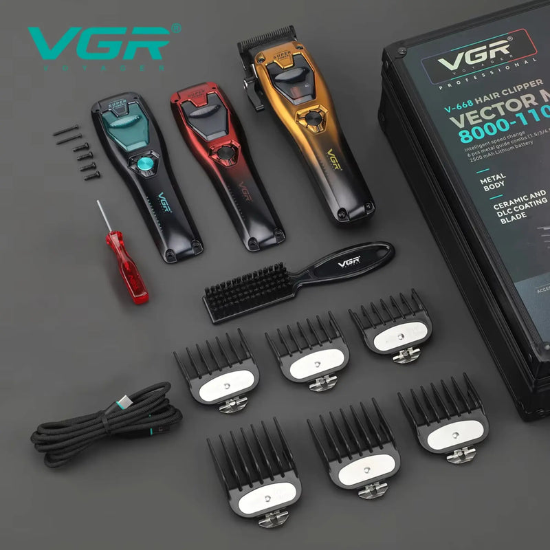 VGR hair clipper displayed on a black background with additional housings, accessories and travel case 
