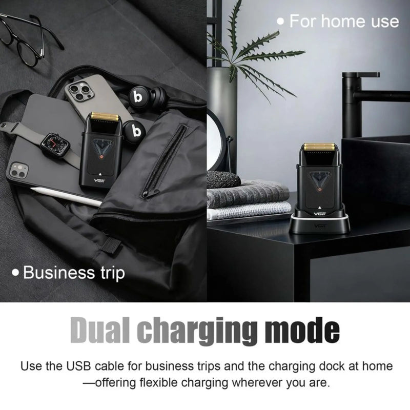 Text and images showing the VGR foil razors dual charging mode on a white background