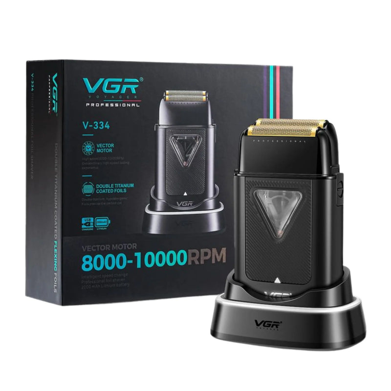 VGR black shaver with its packaging box on a white background
