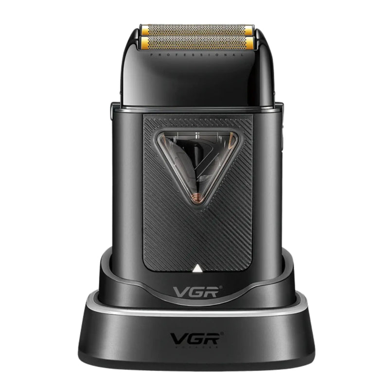 VGR black shaver placed on charging base on a white background