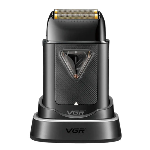 VGR black shaver placed on charging base on a white background