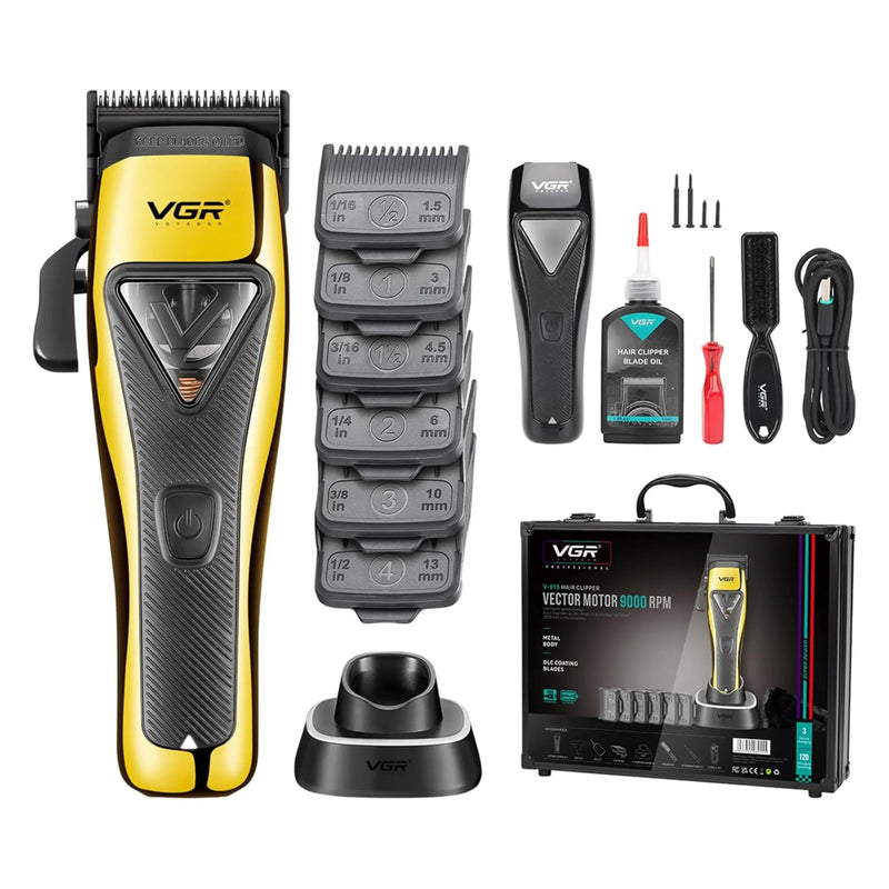 Black and gold VGR hair clipper with accessories displayed on a white background