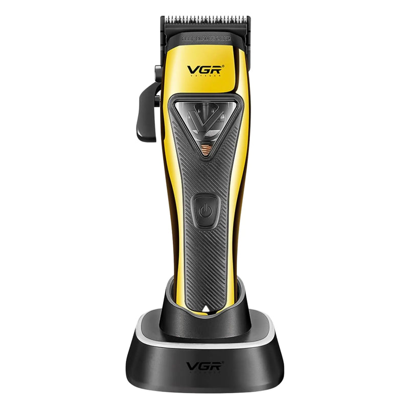 Black and Gold VGR clipper on its charging base on a white background