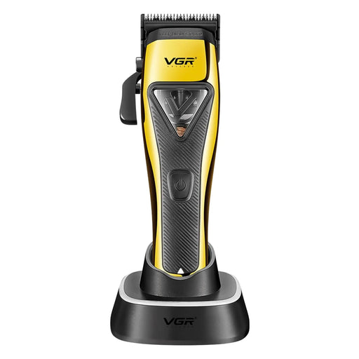 Black and Gold VGR clipper on its charging base on a white background